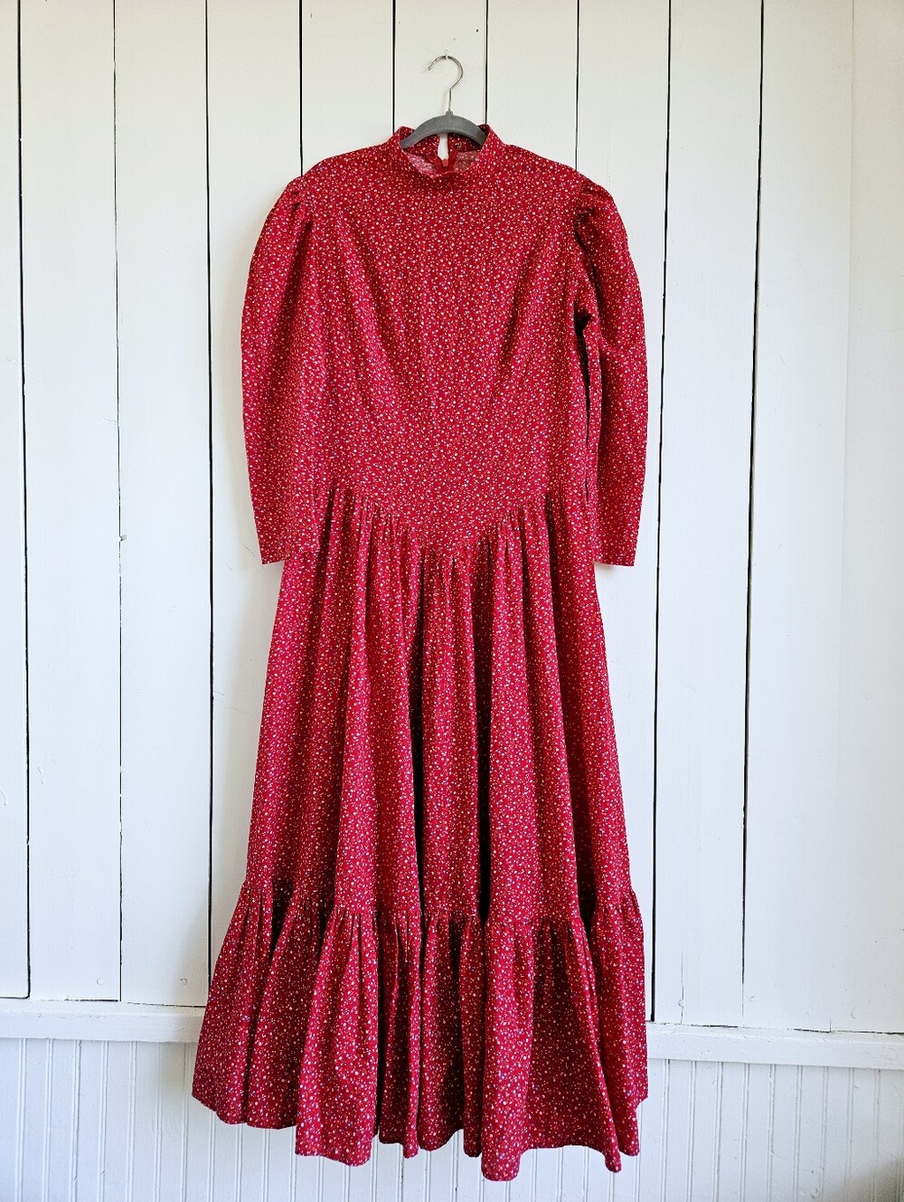 Vintage Handmade Floral Maxi Dress Size L Red Ruffle Tiered Long Sleeve